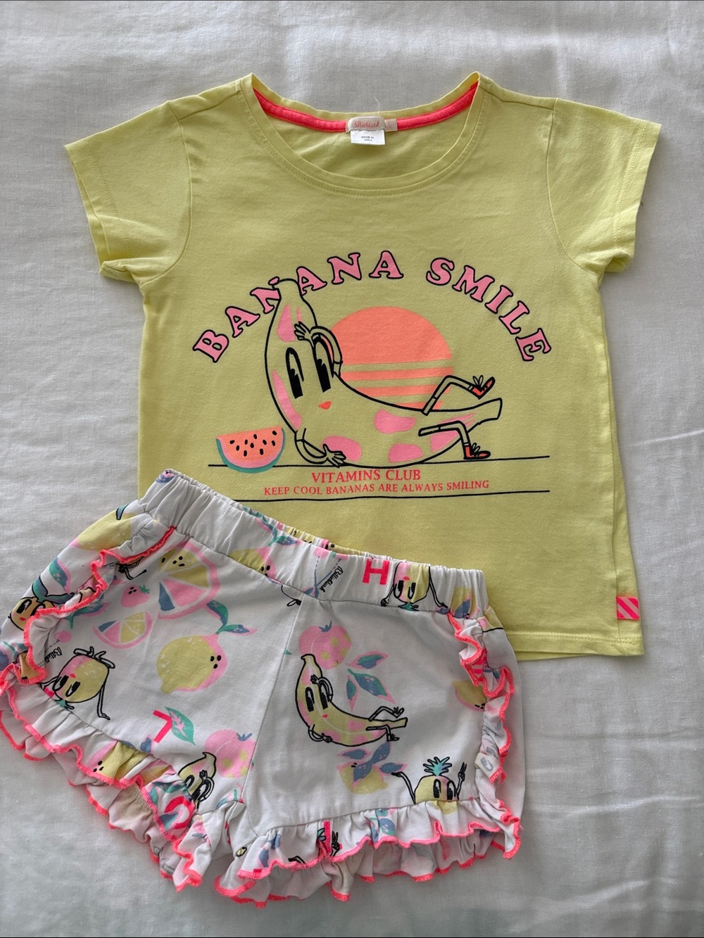 Billieblush Yellow & Pink Banana Smile Tee and Fruit Ruffle Shorts Set sz 6
